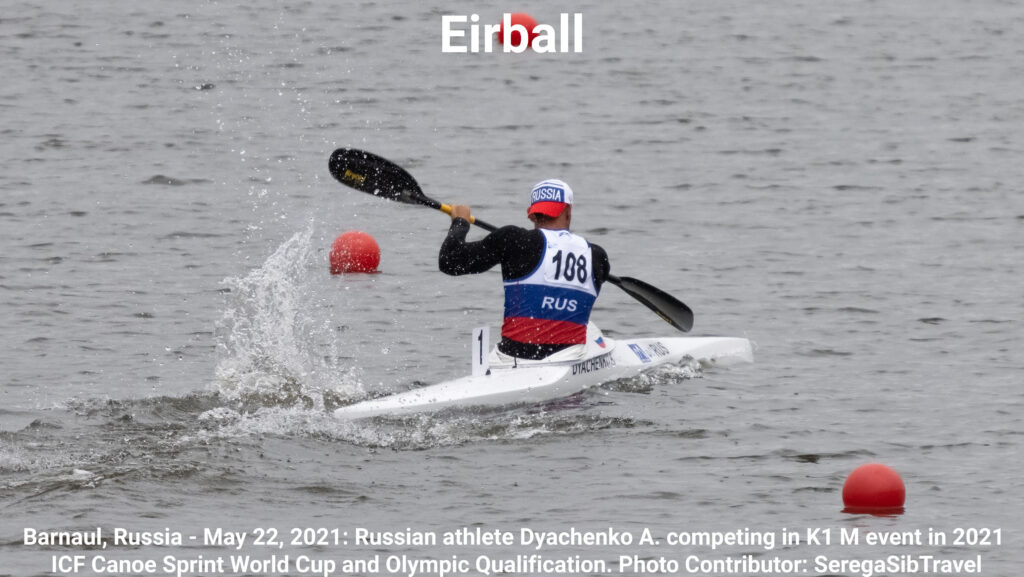 Barnaul, Russia - May 22, 2021: Russian athlete Dyachenko A. competing in K1 M event in 2021 ICF Canoe Sprint World Cup and Olympic Qualification.