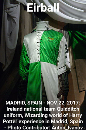 MADRID, SPAIN - NOV 22, 2017: Ireland national team Quidditch uniform, Wizarding world of Harry Potter experience in Madrid, Spain